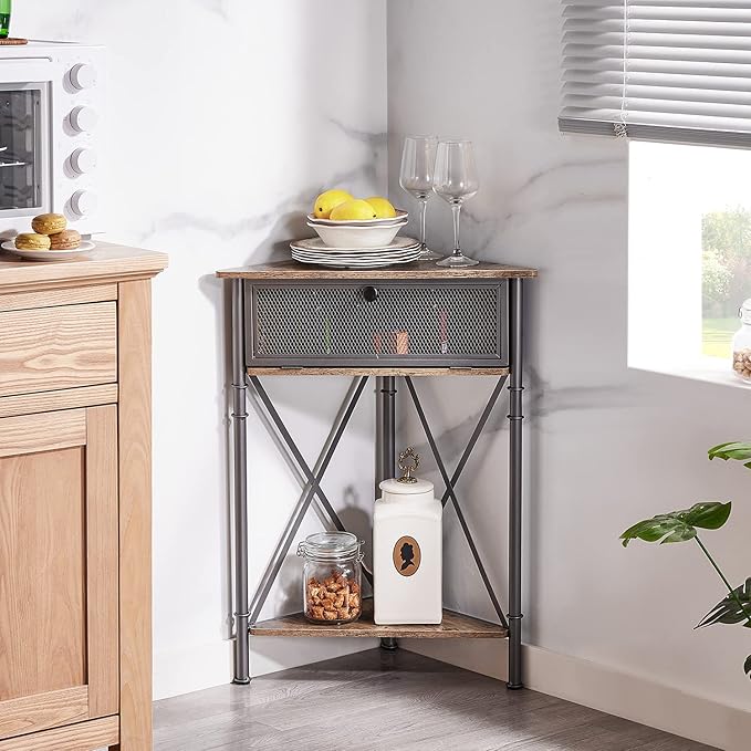 VECELO Cabinet/Table, 3-Tier Display Shelves with Protection Door, Metal Frame Storage Shelf Organizer for Small Space, Living Room, Kitchen, Bathroom, Set of 1, Grey+Black