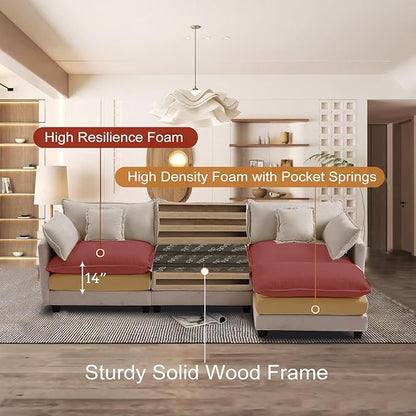 Furniliving 112‘’ L-Shaped Sofa, Luxury Chenille Modular Sectional Couches with Ottoman, Upholstered Deep Seat Sleeper Sofa with Memory Foam and Waist Pillows, Camel