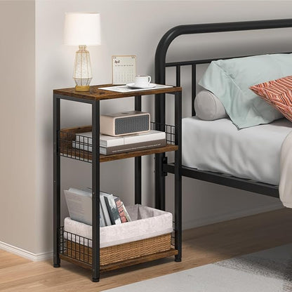 LELELINKY End Table with Storage, Brown Nightstand for Small Spaces,3 Tier Record Player Stand with Vinyl Storage Shelf, Sofa Couch Side Tables for Living Room Bedroom