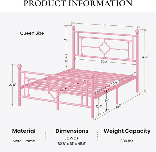 SHA CERLIN 14 Inches Queen Size Metal Platform Bed Frame/Vintage Iron-Art Headboard and Footboard/Mattress Foundation for Storage/No Box Spring Needed/Noise-Free/Easy Assembly/Pink
