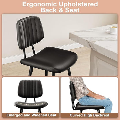 24-Inch Leather Bar Stools Set of 4, Counter Height Barstools with High Backrest，Bar Chairs for Kitchen Island with Heavy Duty Metal Legs, Black
