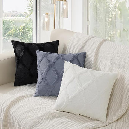 decorUhome Throw Pillow Covers 18x18 Inch Set of 2, Soft Plush Faux Fur Wool Black Couch Pillow Covers, Decorative Neutral Pillow Cases for Bed Sofa Living Room Home Decor