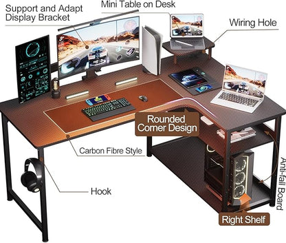 GTPLAYER L Shaped Gaming Desk, Carbon Fiber Style Computer Desk with Monitor Shelf and Hook, Black Small L Shape Desk with Adjustable Open Storage Shelf, Corner PC Table for Small Space Home Office