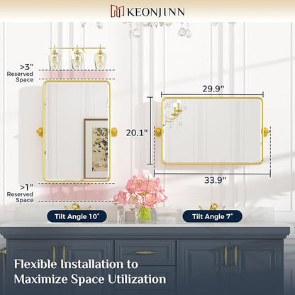 Keonjinn Brushed Gold Pivot Mirror Bathroom, 20x30 in Tilt Mirror Bathroom for Over Sink, Rounded Corner Modern Pivot Rectangle Mirrors, Metal Framed Beveled Bathrooms Mirror (Horizontal/Vertical)