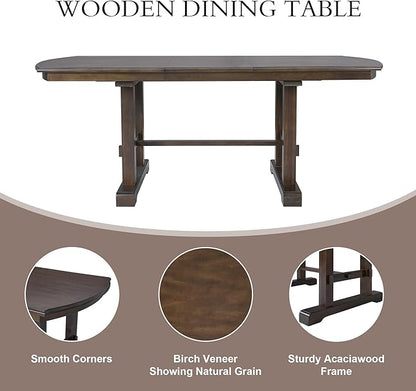 Ball & Cast 60"-78" Extendable Farmhouse Dining-Table for 6-8, Expandable Wooden Kitchen Table with 18" Removable Leaf, Large Retro H-Leg Dining Room Table for 4-8,Space Saving & Sturdy, Brown
