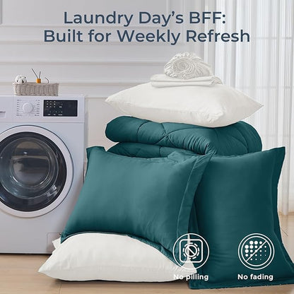 HEVUMYI Full Comforter Set - 7-Piece All Season Bed in a Bag Full, Ultra Soft Bedding Set with Comforter, Flat Sheet, Fitted Sheet, Pillowcases, Pillow Shams, Peacock Blue & Ivory