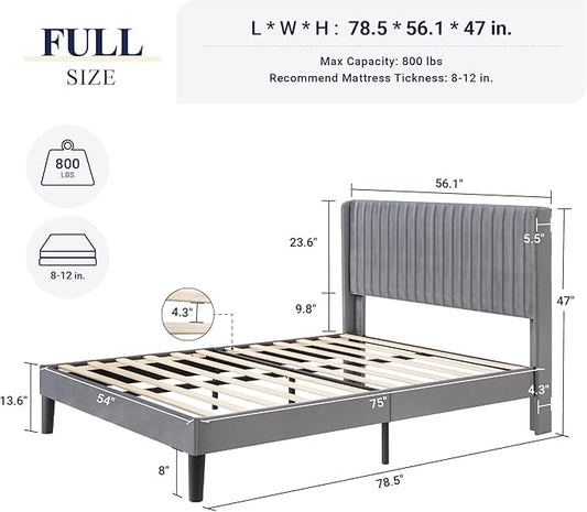 Allewie Full Size Velvet Bed Frame/Vertical Channel Tufted Wingback Headboard/Upholstered Platform Bed/Strong Wooden Slats/No Box Spring Needed/Easy Assembly/Grey