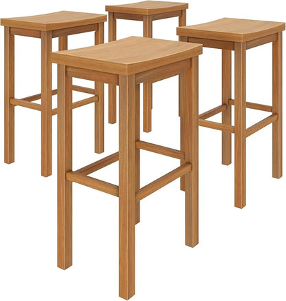 Grain & Grove Smith Collection Set of 4 Solid Wood Bar Stools, 30 inch Saddle-Seat Bar Chairs, Backless, Heavy-Duty Construction, Footrest Support, for Kitchen Islands, Home Bars, and Counters, Pecan