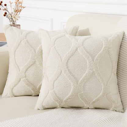 decorUhome Throw Pillow Covers 24x24 Inch Set of 2, Soft Plush Faux Fur Wool Beige Couch Pillow Covers, Decorative Neutral Pillow Cases for Bed Sofa Living Room Home Decor