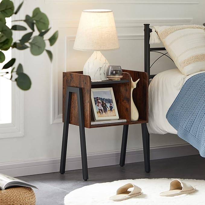 VECELO Nightstand Industrial End Table,Bedside Table with 2-Tier Open Storage Shelves,Wood Side Table with Metal Frame for Bedroom, Living Room,Small Spaces