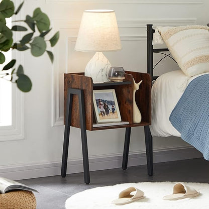 VECELO Nightstand Industrial End Table,Bedside Table with 2-Tier Open Storage Shelves,Wood Side Table with Metal Frame for Bedroom, Living Room,Small Spaces