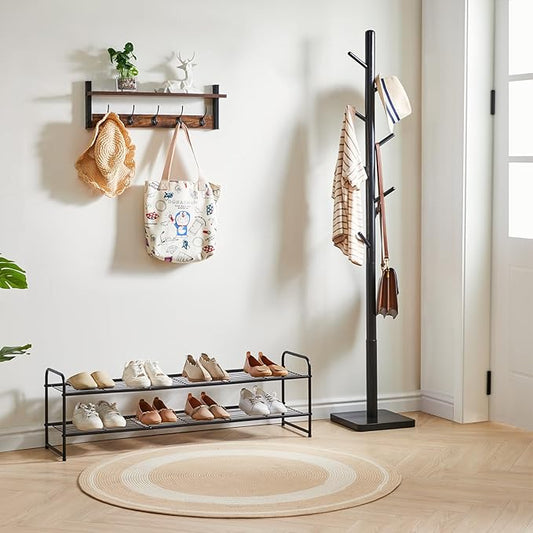 YMYNY Freestanding Shoe Racks, 2 Tiers Stackable & Adjustable Shoe Storage Shelf, Extra Large Capacity Shoe Organizer Stand for 12-18 Pairs, for Entryway, Closet, Bedroom, Black, 42.9" L, UHXJ303B