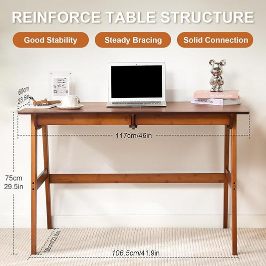Nnewvante Desk, Bamboo Table with 2 Drawers, Simple Modern Furniture for Home, Office, Computer, Writing, Study, Makeup & Workstation (46''-Brown)