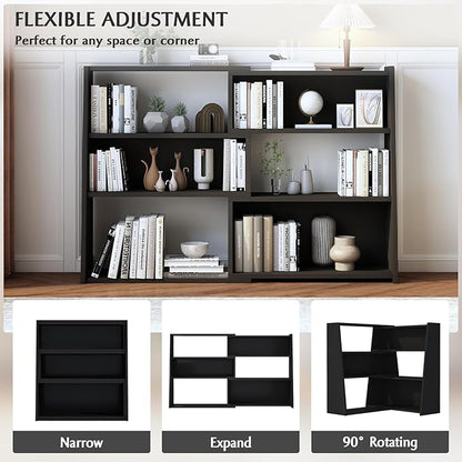 IOTXY Wooden Extendable Shelf Bookcase - 3-Tier Ladder Low Short Bookshelf for Small Space or Corner, Black, L