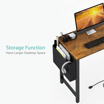 Lufeiya 40 inch Computer Desk with Power Outlet, 39 inch Teen Study Table Home Office Work Writing Desk with Charging Station Outlets Built in, Rustic Brown