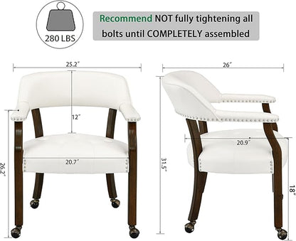 LEEMTORIG Large Dining Chairs with Casters and Arms, Rolling Dining Chairs with Wheels, Accent Solid Wood Boss Caption's Chairs, 26" D x 25.2" W x 31.5" H, Espresso Legs & Ivory PU SY-318-WT
