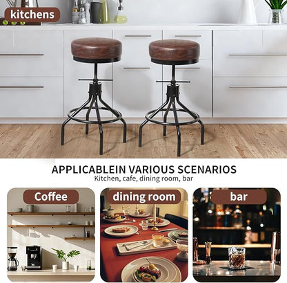 Industrial Barstools Set of 2 Adjustable Swivel Round Bar Stools Modern PU Leather 28inch Backless Counter Height Stool Metal Bar Chair for Kitchen Island (2, Walnut)
