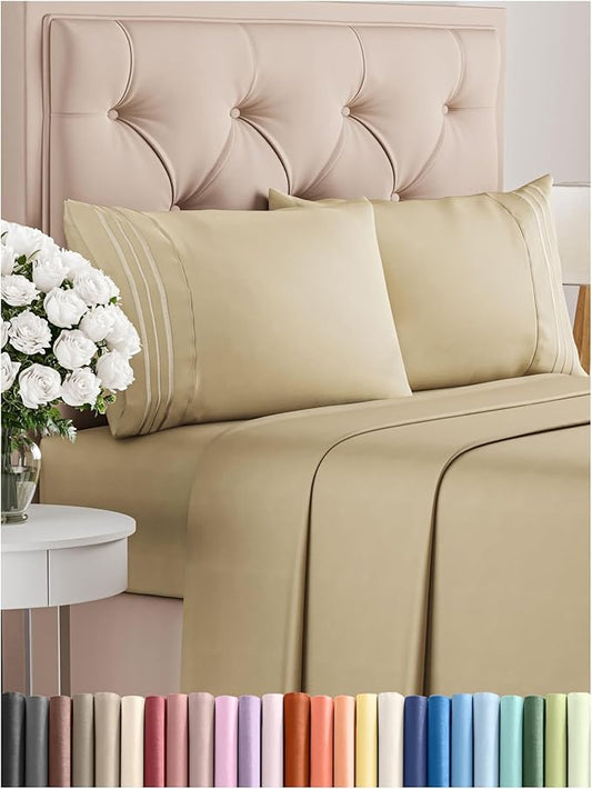 Queen Size 4 Piece Sheet Set - Comfy Breathable & Cooling Bed Sheets Set - Hotel Luxury Bedding for Women, Men, Kids, Teens, Boys & Girls - Deep Pockets, Ultra-Soft, Wrinkle Free - Oeko-Tex - Beige