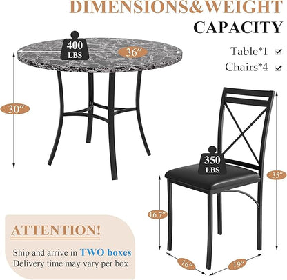 VECELO 5 Piece Dining Table Set for 4, Faux Marble Dinette with Chairs for Kitchen, Breakfast Nook, Small Space, Black
