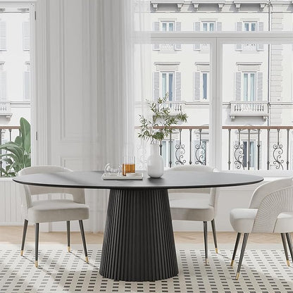 Casaphoria 67" Oval Dining Table, Modern Wood Kitchen Table with Cone Shaped Stripe Base for Living Room & Dining Room, Easy Assembly Farmhouse Furniture for 4-6, Black