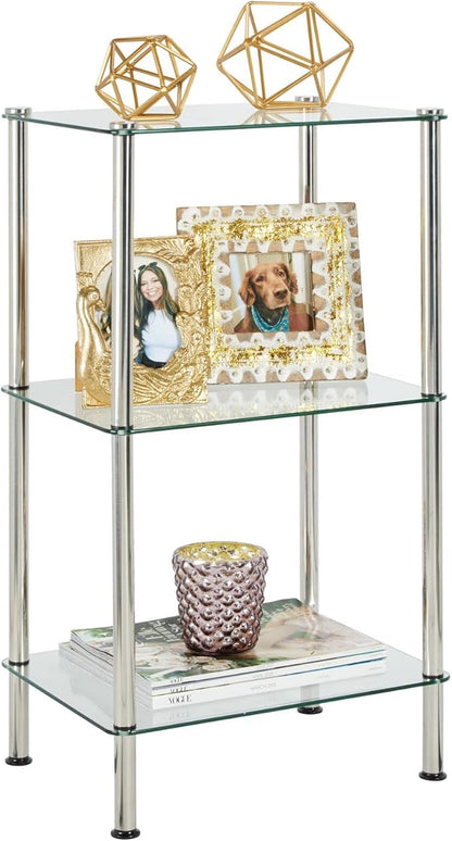 mDesign Metal/Glass 3-Tier Storage Tower, Narrow Shelving Display Unit, Open Glass Shelves; Multi-Use Stand for Living Room, Bathroom, Home Office, Hallway, Bedroom Organization - Chrome/Clear