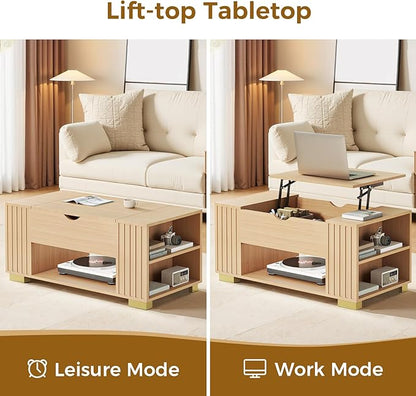 COMHOMA Lift Top Coffee Tables for Living Room, 39" Center Table with Hidden Storage Compartment, Adjustable Wooden Tea Table for Small Spaces, Natural Oak