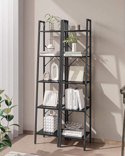 Ladder Shelf, Bookshelf Bookcase, Freestanding Corner Storage Shelve with 2 Hooks for Home Office, Living Room, Kitchen, Bedroom, Industrial, 5-Tier Black BC03204B