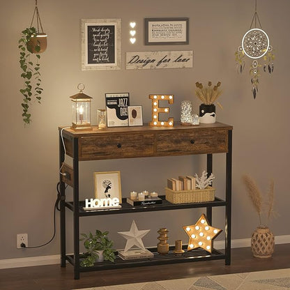 Ecoprsio Entryway Table with Outlets and USB Ports, Console Table with 2 Drawers, Small Sofa Table with Storage Shelves for Living Room, Couch, Hallway, Foyer, Kitchen Counter, 32'', Rustic