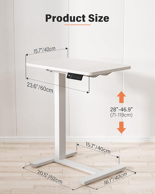 Mobile Standing Desk with Wheels - Electric Height Adjustable Small Movable Laptop Desk, Portable Rolling Computer Workstation Sit Stand Table for Home Office, Sofa & Bedside Use (23.6", White)