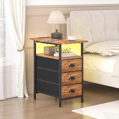 End Table with Charging Station,LED Side Tables with USB Ports and Outlets,Narrow Nightstands Bedside Tables with 3 Fabric Drawers for Small Space,Slim Sofa Table for Livingroom, Rustic Brown