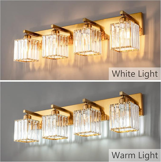 Modern Vanity Light 4-Lights Modern Gold Brushed Brass Finish Crystal Wall Light Bathroom Vanity Light Fixtures