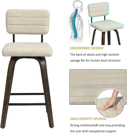 Swivel Bar Stools Set of 2, Counter Height, Wooden Frame, PU Leather Cushions, Beige