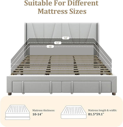King Bed Frame with Storage Drawers, Upholstered Platform Bed with Headboard and Wingboard, No Box Spring Needed, NO Noise, Easy Assembly, Wooden Support Slats,Light Grey