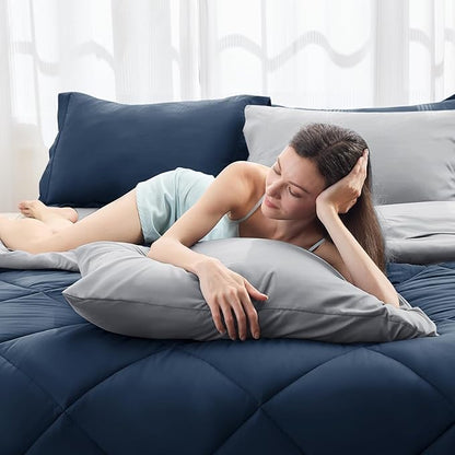 HEVUMYI Twin-XL Comforter Set - 5-Piece All Season Bed in a Bag Twin-XL, Ultra Soft Bedding Set with Comforter, Flat Sheet, Fitted Sheet, Pillowcases, Pillow Shams, Navy Blue & Light Grey