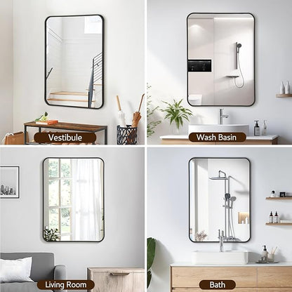 20x28 Rounded Rectangle Bathroom Mirrors for Over Sink, Black Vanity Mirror with Metal Frame Wall Mounted, Modern Farmhouse Mirror for Restroom, Bedroom, Entryway Decor