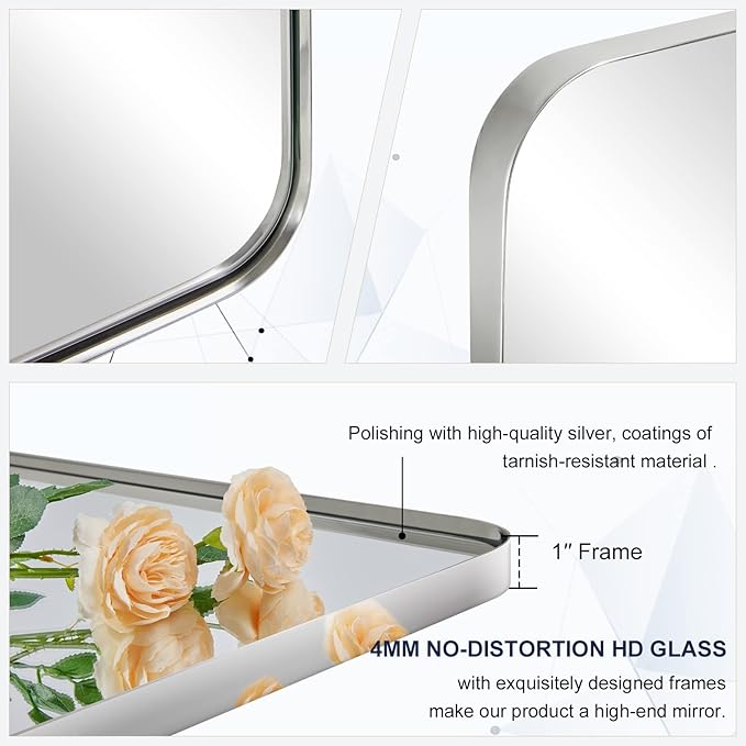 ANDY STAR Chrome Mirror for Bathroom, 30x36 Metal Frame Wall Mirror with Rounded Corner, Modern Rectangle Bathroom Vanity Mirror with Polish Finish…