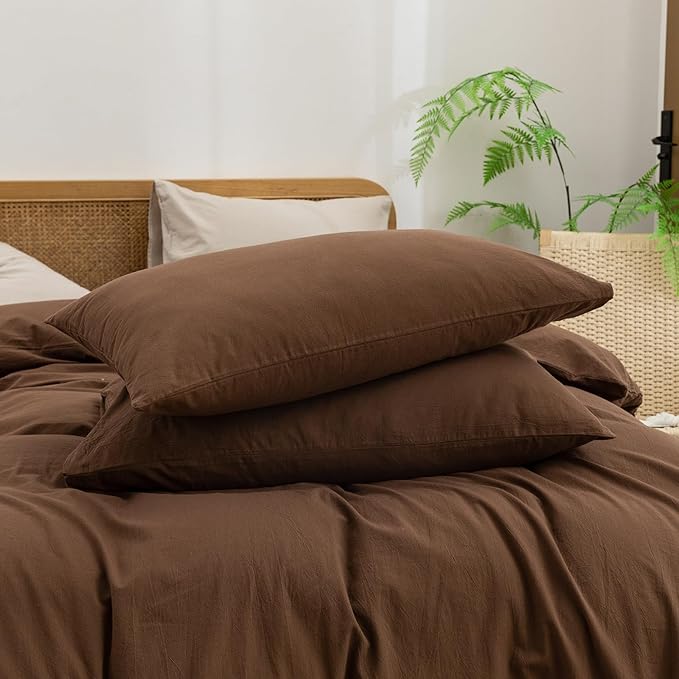 BESTOUCH Duvet Cover Set 100% Washed Cotton Linen Feel Super Soft Comfortable Chic Lightweight 3 PCs Home Bedding Set Solid Cocoa Brown Queen