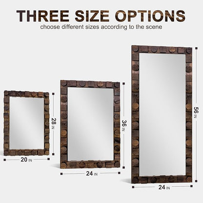 28x20 Inch Handcrafted Solid Wood Square Wall Mirror with Geometric Wood Inlay Design, Rustic Natural Texture for Bathroom, Bedroom, Living Room Decor