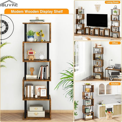 IBUYKE 6-Tier Tall Bookshelf,S-Shaped Geometric Bookcase, Wood Display Shelves with Storage,Industrial Bookshelf for Living Room Bedroom, Home Office, Rustic Brown WBC016H