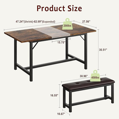 Dining Table Set for 4-6, 63“ Large Extendable Kitchen Table Set, Wood Rectangle Kitchen Table with 2 Soft Benches for Small Space, Apartment, Dinner,Saving Space, Retro Brown