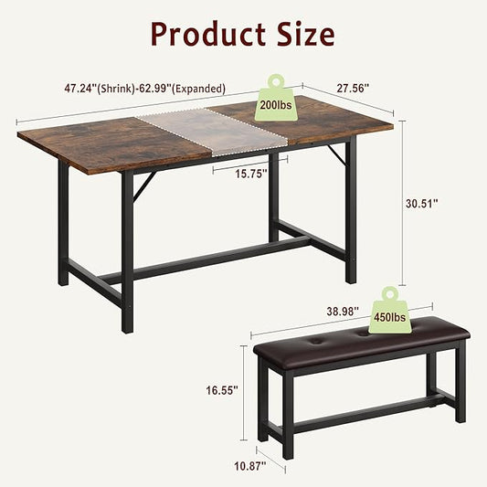 Dining Table Set for 4-6, 63“ Large Extendable Kitchen Table Set, Wood Rectangle Kitchen Table with 2 Soft Benches for Small Space, Apartment, Dinner,Saving Space, Retro Brown