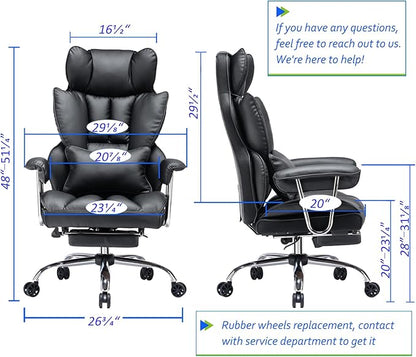 Efomao Desk Office Chair 400LBS, Big and Tall Office Chair, PU Leather Computer Chair, Executive Office Chair with Leg Rest and Lumbar Support, Black Office Chair