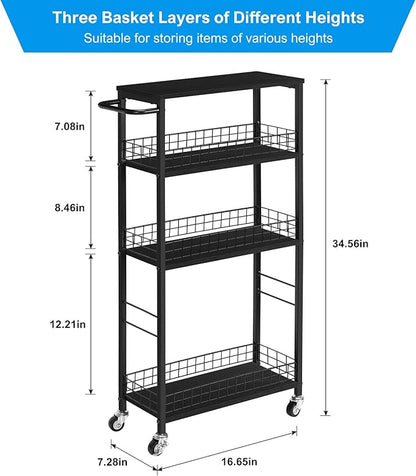YBING Slim Storage Cart Kitchen Rolling Utility Cart on Wheels 4 Tier Mobile Narrow Cart with Wood and Metal Handle Slide Out Storage Shelving Unit Cart for Kitchen Living Room Small Places Black