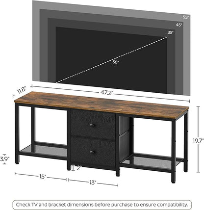 TV Stand for TVs up to 55", Entertainment Center with 2 Fabric Drawer, Media Console with Shelves, Television Stands for Living Room, Bedroom, Rustic Brown and Black DS02BR