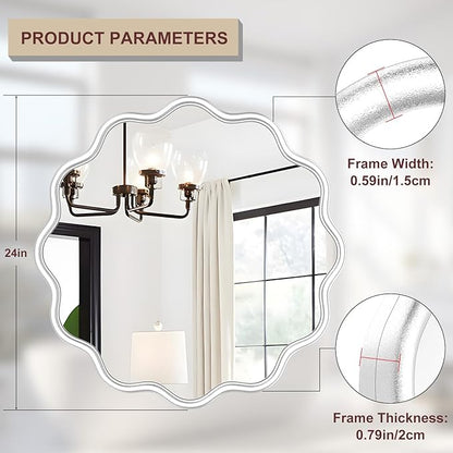 PROHOMEWARE White Round Mirror 24 Inch Wavy Bathroom Vanity Mirror White Frame Modern Wall Mirror Decorative Wall-Mounte Anti-Rust, Tempered Glass