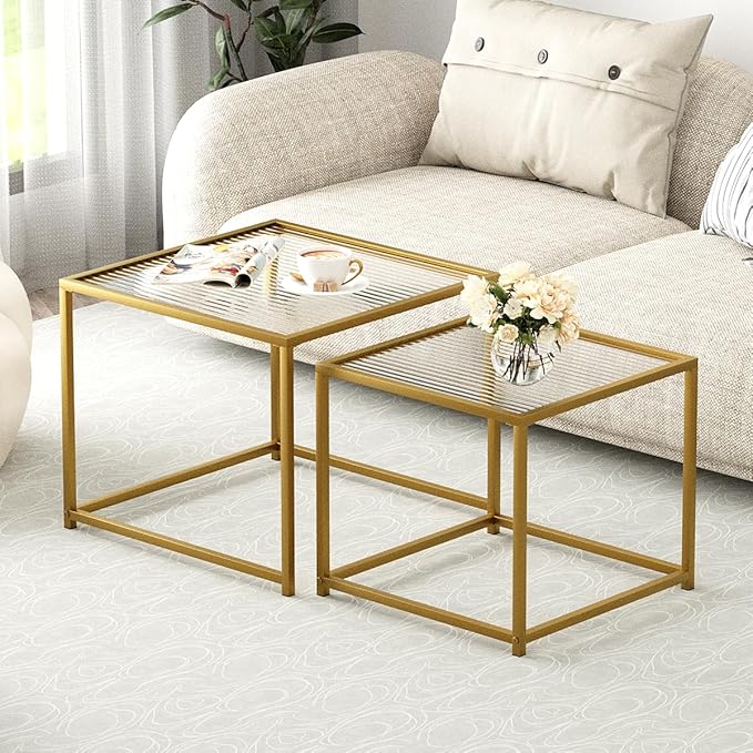 VILAWLENCE Coffee Table Set of 2, Modern Gold Glass Side Table, Metal Frame Square End Table, Center Tables, Nesting Coffee Table for Living Room, Bedroom and Small Spaces, 23.6in