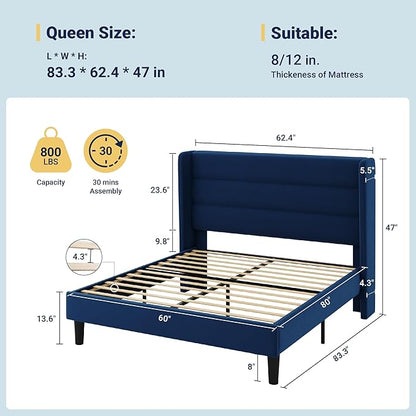 Allewie Queen Size Platform Bed Frame with Velvet Upholstered Wingback Headboard, No Box Spring Needed, Under Bed Storage Space, Wooden Slats, Modern Mattress Foundation, Easy Assembly, Blue