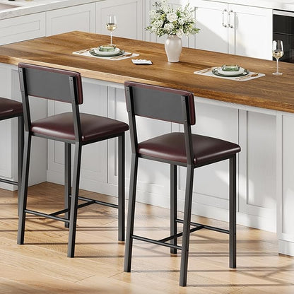 GarveeHome Bar Stools Set of 2, Counter Stools with Back and Thickened Metal Legs, Upholstered PU Leather Counter Height Barstools with Footrest, for Kitchen Island, Bar, Dark Brown