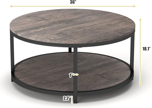 NSdirect Round Coffee Table,36" Coffee Table for Living Room,2-Tier Rustic Wood Desktop with Storage Shelf Modern Design Home Furniture(Light Walnut)