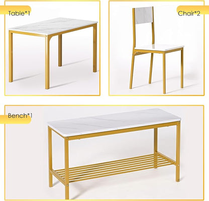 soges 4-Piece Dining Table Set with Bench - 4 Person Kitchen Table and 2 Chairs for Small Spaces, Apartment - Metal Frame & Woodgrain Tabletop, Space-Saving Design, Durable & Easy to Clean, Gold
